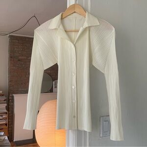 Issey Miyake Pleats Please Button Up in Ivory White